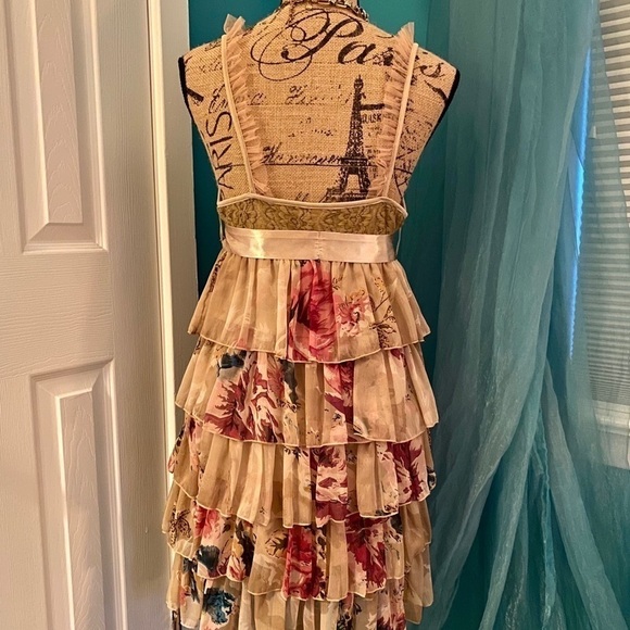 Romantic Tan Floral Ruffle Dress - Picture 3 of 12